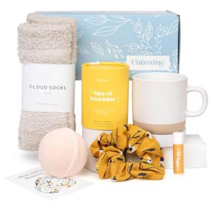 imageUnboxme Sunshine Gift For Women  Self Care Package with Herbal Tea Mug Bath Bomb Candle Fluffy Socks Lip Balm Sheet Mask Scrunchie ampamp Sending Sunshine Card  Graduation Gifts For GirlsSending Warm Hugs Card