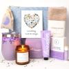 imagequotUnboxme Lavender Spa Gift Basket For Women  Relaxation Gifts I Self Care Package with Lavender Scented Candle Wine Tumbler Bath Bomb Soap Socks Hand Cream ampamp Bonus Card  Sympathy GiftquotSending Warm Hugs Greeting Card