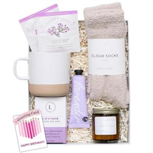 imagequotUnboxme Lavender Spa Gift Basket For Women  Relaxation Gifts I Self Care Package with Lavender Scented Candle Wine Tumbler Bath Bomb Soap Socks Hand Cream ampamp Bonus Card  Sympathy GiftquotHappy Birthday Greeting Card