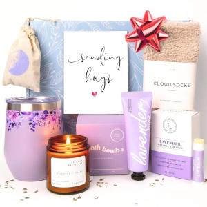 imagequotUnboxme Lavender Spa Gift Basket For Women  Relaxation Gifts I Self Care Package with Lavender Scented Candle Wine Tumbler Bath Bomb Soap Socks Hand Cream ampamp Bonus Card  Sympathy GiftquotSending Hugs Greeting Card