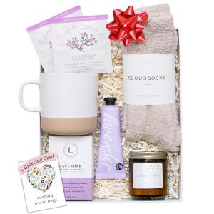 imagequotUnboxme Lavender Spa Gift Basket For Women  Relaxation Gifts I Self Care Package with Lavender Scented Candle Wine Tumbler Bath Bomb Soap Socks Hand Cream ampamp Bonus Card  Sympathy GiftquotSending Warm Hugs Greeting Card